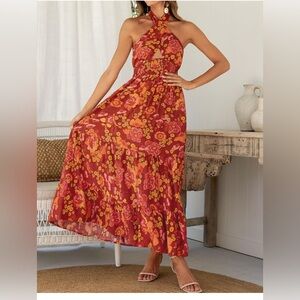 NWOT: Floral Print Halter Neck Hollow Out Maxi Dress - Red and Orange